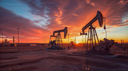 oilfield in desert at sunset, oil industrial site