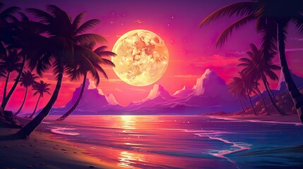 sunset at exotic tropical beach with palm trees and sea, colorful illustration in style of purple and orange, beauty at nature