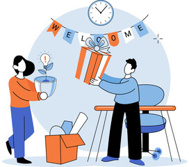 New employee. Vector illustration. The new employee metaphor highlights employment process, including recruitment, hiring, and onboarding Managers and HR professionals play crucial role in finding