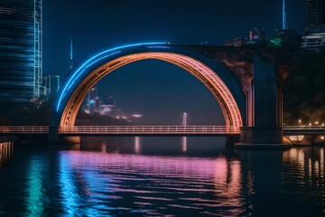 A futuristic bridge spanning over a calm river, with its illuminated arches reflecting in the water...