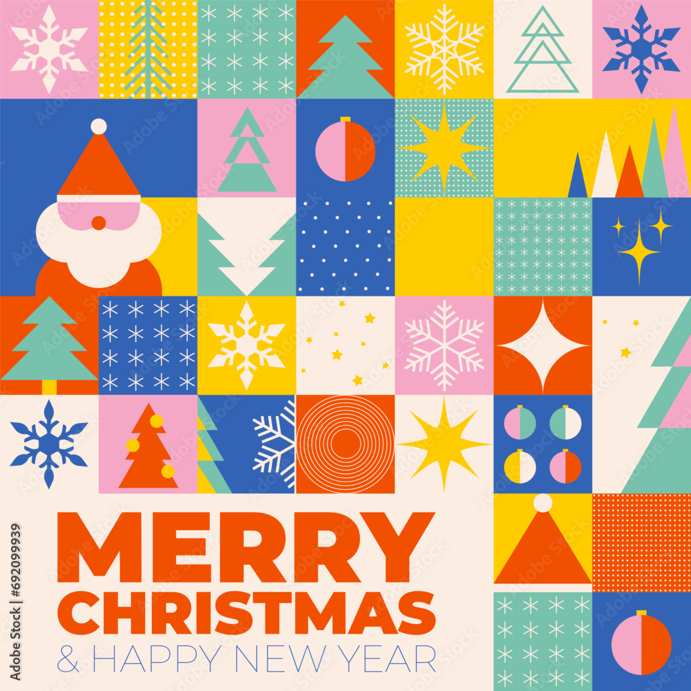 Poster merry christmas and happy new year 2024 seamless geometric pattern in bauhaus style. vector flat ill