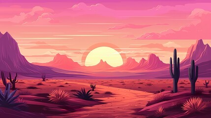 colorful illustration of sunset in desert, cactus and mountains, in style of purple and pink - obrazy, fototapety, plakaty