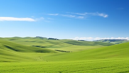 Obraz premium Breathtaking landscape vast expanse of lush green fields under serene blue sky with fluffy clouds