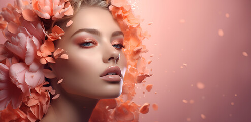 Elegant model with floral makeup and a gentle, romantic ambiance. For editorial and advertising content, especially in the luxury beauty and fashion sectors. Peach fuzz color trend 2024.