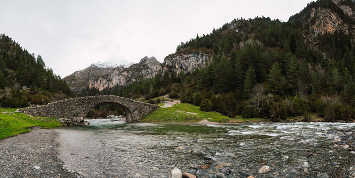 Scenic view of Torla-Ordesa with historic bridge