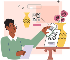 Man scanning qr code for payment via smartphone, online shopping with online payment concept of smart technology for internet and mobile cashless transaction. Quick response system electronic transfer