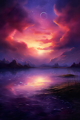 sunset with idyllic purple and pink dramatic clouds over ocean or sea water, gorgeous sunrise over...