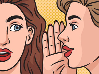 woman whispering gossip in woman ear pinup hand drawn pop art retro vector illustration. Comic book style imitation.
