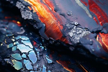 A close-up of volcanic rock with shimmering, iridescent details.