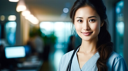 Naklejka premium Portrait of an Asian woman, doctor, against the backdrop of hospital corridor. Doctor therapist, smiles looks at camera.