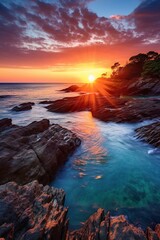 beautiful tropical beach with palm trees and blue water at sunset, idyllic vacation destination, exotic paradise coast