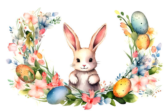 Cute smiling Easter bunny framed with spring flowers. Watercolor Easter card in pastel colors. Happy Easter concept.