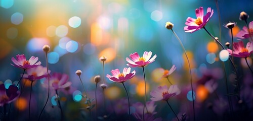 A colorful garden scene with a soft-focus bokeh effect.