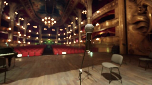 An Intimate Opera Performance on an Empty Stage with Microphone and Chairs