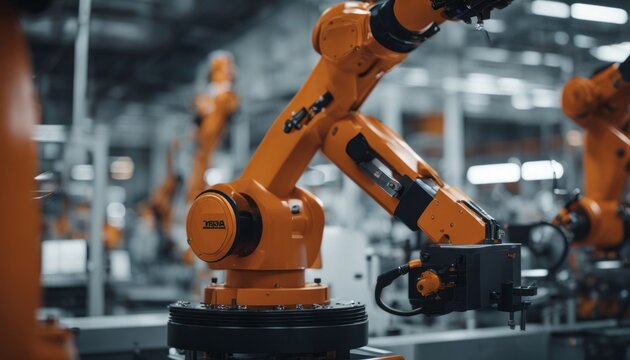 Orange Robotic arm manufacturing Electric vehicle battery at a giga factory