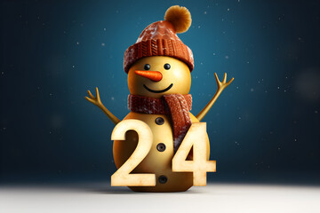 Gold 2024 numbers sign with snowman on new year calendar concept background