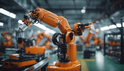 Orange Robotic arm manufacturing Electric vehicle battery at a giga factory