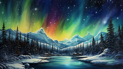 majestic colorful aurora borealis over snowy winter mountains, amazing natural phenomenon - obrazy, fototapety, plakaty