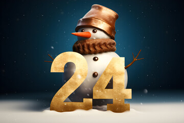 Snowman with 2024 numbers sign, new year calendar concept background