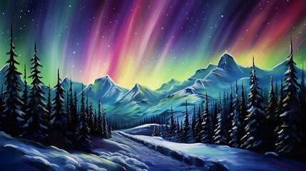 majestic colorful aurora borealis over snowy winter mountains, amazing natural phenomenon - obrazy, fototapety, plakaty