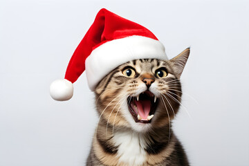 Surprised cat in christmas red hat