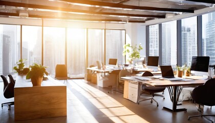 Bright, blurred business workplace with a modern office space.Generated with AI
