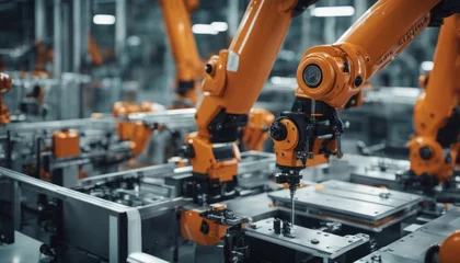 Rolgordijnen Orange Robotic arm manufacturing Electric vehicle battery at a giga factory © Adi