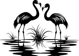 A couple of flamingo birds in love stock illustration on white background. Vector silhouette flamingo love talk. AI generated illustration. - obrazy, fototapety, plakaty