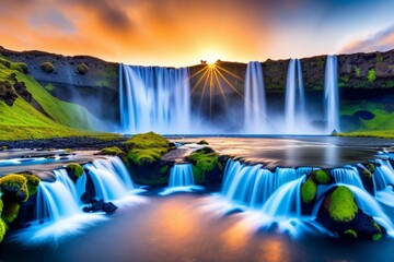 Rainbow over waterfall-waterfall in rainbow-waterfall in mountains with sunset