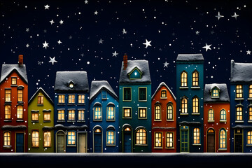 Christmas background with colorful houses covered in snow