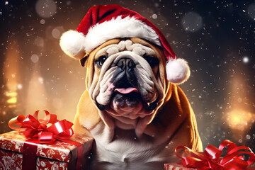 Bulldog in red santa hat with christmas gift boxes on festive bew year background