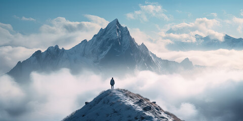 A determined adventurer, standing triumphantly on a snowy mountain peak, embodying the spirit of exploration and achievement in winter. - obrazy, fototapety, plakaty