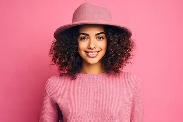 Positively happy young woman in a stylish pink hat, exuding summer vibes, radiating charm and elegance.