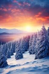 beautiful winter landscape with snowy mountains and fir tree forest, slope with snow scenery, in style of purple and pink