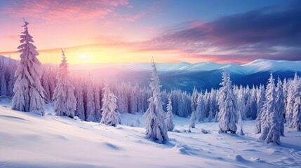 beautiful winter landscape with snowy mountains and fir tree forest, slope with snow scenery