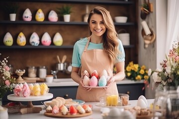 Portrait of young woman standing in kitchen with easter eggs and smiling