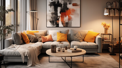 Modern living room with soft colorful throw pillows.