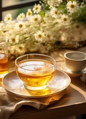 chamomile tea and flowers on the table