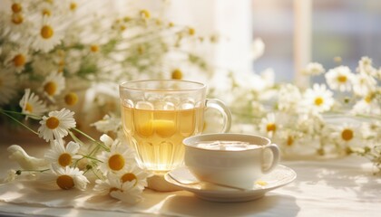chamomile tea and flowers on the table