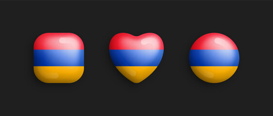 Armenia Official National Flag 3D Vector Glossy Icons In Rounded Square, Heart And Circle Form Isolated On Background. Armenian Sign And Symbols Graphic Design Elements Volumetric Buttons Collection - obrazy, fototapety, plakaty