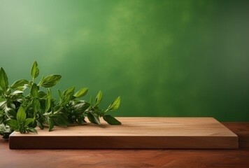 chopping board with green leaves on a green background