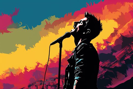 illustration of rock musician man singing into a microphone on a bright multicolored background