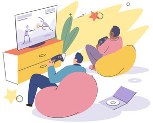 Game together. Family fun. Friendship time. Vector illustration. People playing games together experience moments pure joy and excitement Family time spent playing video games investment in lifelong