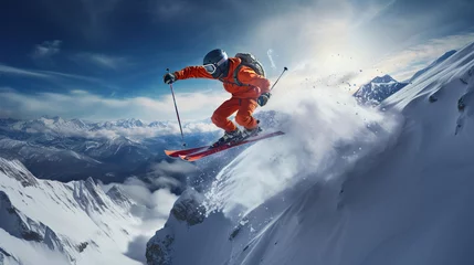 Fotobehang snowboarder jumping in the air. Generative Ai © Shades3d
