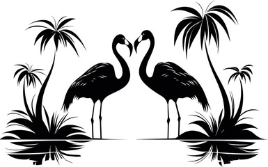 A couple of flamingo birds in love stock illustration on white background. Vector silhouette flamingo love talk. AI generated illustration. - obrazy, fototapety, plakaty