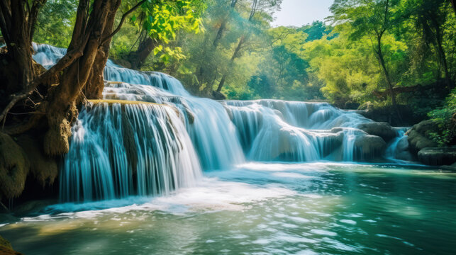 Beautiful waterfall surrounded by trees and plants in the forest. Ai generative.