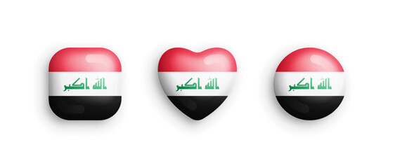 Iraq Official National Flag 3D Vector Glossy Icons In Rounded Square, Heart And Circle Form Isolated On Whited Backdrop. Iraqi Sign And Symbols Graphic Design Elements Volumetric Buttons Collection