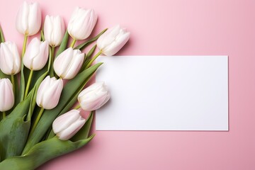 mockup white blank paper sheet with tulips flowers top view on pink background,floral template empty card flat lay for design with copy space