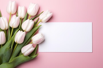 Fototapeta premium mockup white blank paper sheet with tulips flowers top view on pink background,floral template empty card flat lay for design with copy space