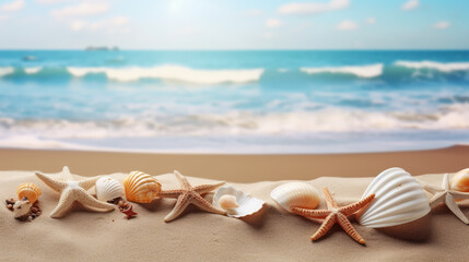 Fototapeta na wymiar sea shells and starfish on the beach